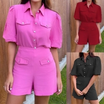 OL Style Short Sleeve POLO Collar Solid Color Shirt + High Waist Shorts Two-piece Set