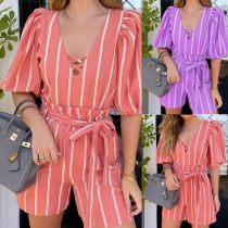 Sexy Lantern Sleeve V-neck Stripe Top + High Waist Shorts Two-piece Set