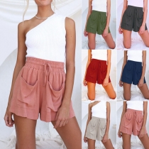 Fashion Elastic High Waist Front-pocket Wide-leg Solid Color Shorts