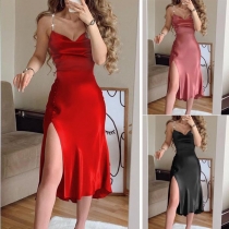 Sexy Backless Cowl Neck Slit Hem Solid Color Slim Fit Sling Party Dress