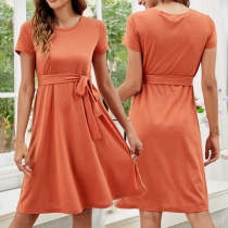 Elegant Solid Color Short Sleeve Round Neck Lace-up Dress