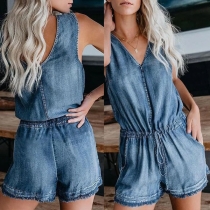 Casual Style Sleeveless V-neck Drawstring Waist Frayed Hem Denim Romper