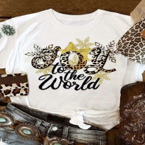 Casual Style Leopard Letters Printed Short Sleeve Round Neck T-shirt