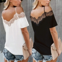 Sexy Off-shooulder V-neck Lace Spliced Short Sleeve Sling T-shirt