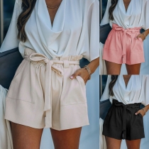 Fashion Solid Color Lace-up High Waist Wide-leg Shorts