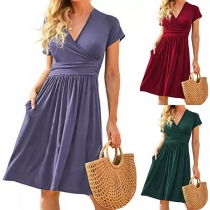 Elegant Solid Color Short Sleeve V-neck High Waist Dress