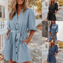 Fashion Lantern Sleeve POLO Collar Single-breasted Solid Color Shirt Dress