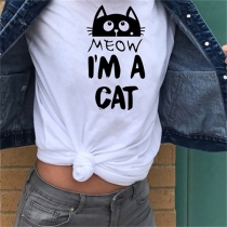 Cute Cartoon Cat Printed Short Sleeve Round Neck Loose T-shirt