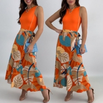 Sexy Backless Sleeveless Top + High Waist Printed Skirt Two-piece Set