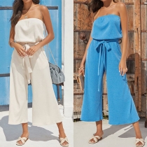 Sexy Strapless High Waist Solid Color Jumpsuit