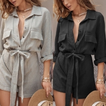 Fashion Solid Color Long Sleeve POLO Collar Shirt-style Romper