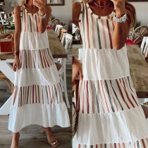 Casual Style Sleeveless Round Neck Contrast Color Striped Spliced Dress