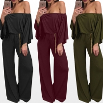Sexy Off-shoulder Boat Neck Trumpet Sleeve High Waist Solid Color Jumpsuit