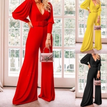 Sexy Deep V-neck Dolman Sleeve High Waist Solid Color Jumpsuit