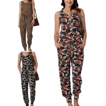Fashion Sleeveless Round Neck Drawstring Waist Printed Jumpsuit