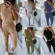 Sexy Sleeveless Round Neck Crop Top + High Waist Pants Two-piece Set