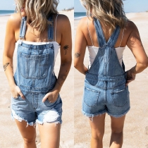 Casual Style Middle Waist Ripped Denim Overalls Shorts