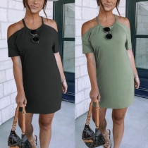 Sexy Off-shoulder Short Sleeve Solid Color Slim Fit Sling Dress
