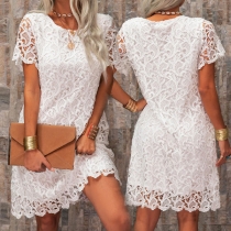 Sweet Style Short Sleeve Round Neck Solid Color Lace Dress