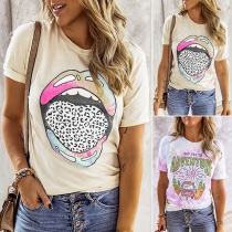 Cute Style Lip Printed Short Sleeve Round Neck Casual T-shirt