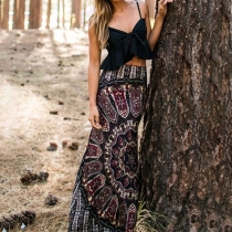 Retro Style High Waist Printed Maxi Skirt