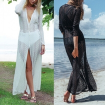 Fashion Solid Color Long Sleeve Hollow Out Lace Sunscreen Cardigan