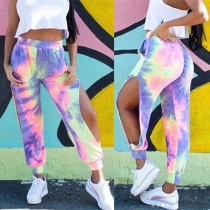 Fashion Side-slit Elastic Waist Tie-dye Printed Harem Pants