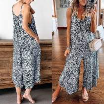 Sexy V-neck High Waist Wide-leg Leopard Printed Sling Jumpsuit