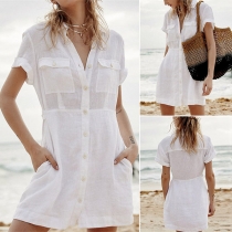 Fashion Solid Color Short Sleeve POLO Collar Single-breasted Beach Romper
