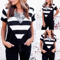 Fashion Camouflage Striped Spliced Short Sleeve V-neck Loose T-shirt