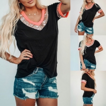 Fashion Contrast Color Sequin Spliced Short Sleeve V-neck Loose T-shirt