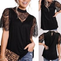 Sexy Lace Spliced Short Sleeve Mock Neck Solid Color T-shirt