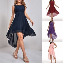 Elegant Solid Color High-low Hem Sleeveless Lace Spliced Party Dress