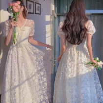 Sweet Style Puff Sleeve V-neck High Waist Lace Princess Dress