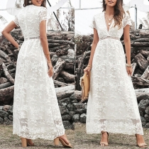 Sexy V-neck Short Sleeve High Waist Solid Color Lace Dress