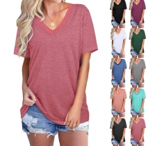 Casual Style Short Sleeve V-neck Contrast Color Loose T-shirt