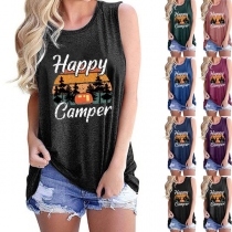Casual Style Sleeveless Round Neck Letters Printed Happy Camper Tank Top