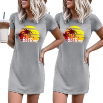 Casual Style Short Sleeve Round Neck Coconut Tree Pattern T-shirt Dress