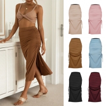 Fashion Solid Color High Waist Slit Hem Wrinkled Skirt