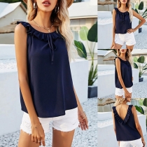Sweet Style V-shape Backless Round Neck Solid Color Ruffle Top