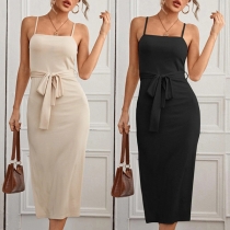 Sexy Backless Slit Hem Solid Color Slim Fit Lace-up Sling Dress