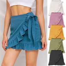 Fashion Solid Color High Waist Irregular Lace-up Ruffle Skirt