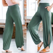 Casual Style High Waist Solid Color Slit Hem Loose Pants
