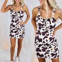 Sexy Backless U-neck Cow Printed Slim Fit Sling Dress