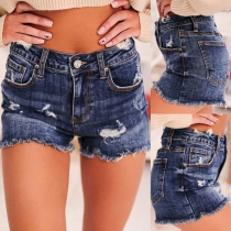 Fashion Middle Waist Frayed Hem Ripped Denim Shorts