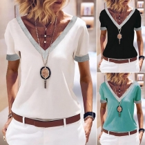 Fashion Contrast Color Short Sleeve V-neck T-shirt