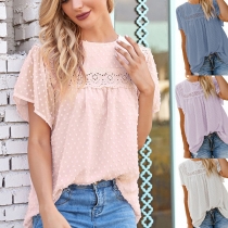 Sweet Style Lotus Sleeve Round Neck Hollow Out Lace Spliced Top