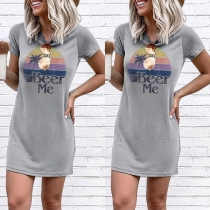 Casual Style Short Sleeve Round Neck Letters Printed T-shirt Dress