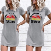 Casual Style Letters Printed Short Sleeve Round Neck T-shirt Dress