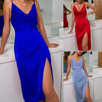 Sexy Backless Cowl Neck Slit Hem Solid Color Sling Dress